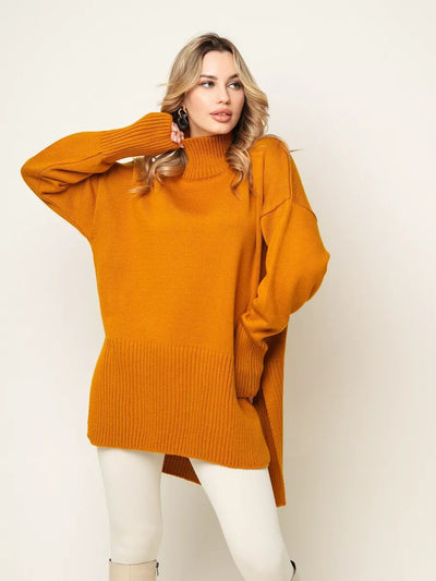 Damen lässiger Rollkragenpullover mit seitlichen Schlitzdetails und strukturiertem Design Heidi-Mode