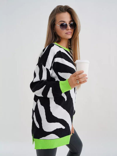 Damen komfortabler Strickpullover mit auffälligem Zebramuster und Kontrastbündchen Heidi-Mode