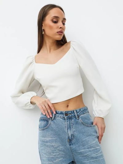 Damen Crop-Top mit herzförmigem Ausschnitt und Puffärmeln Heidi-Mode