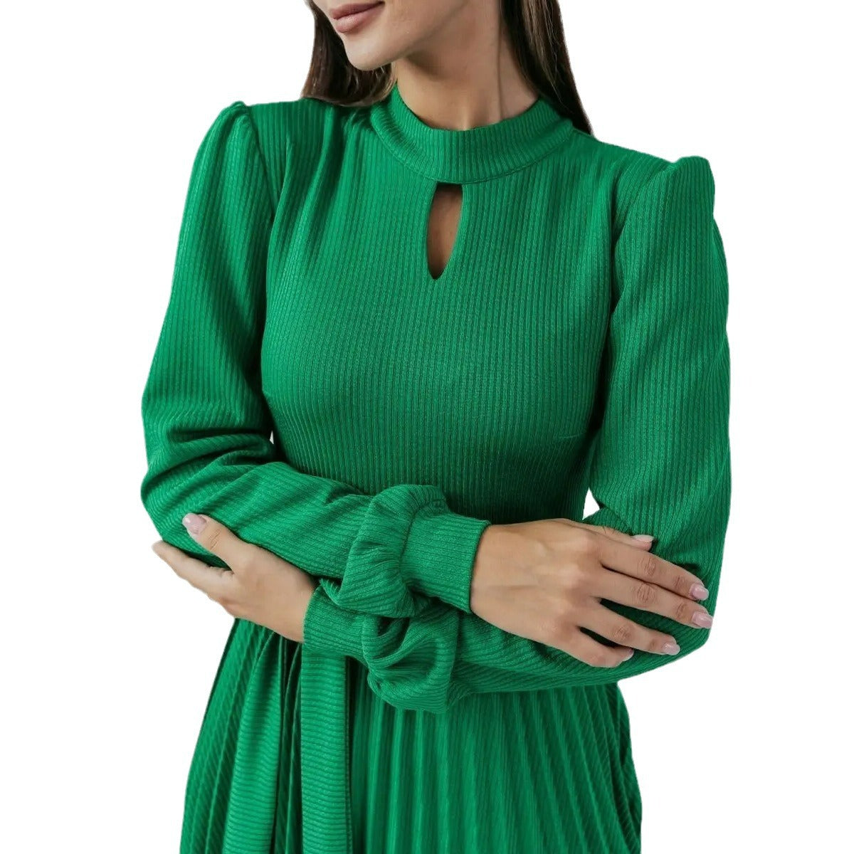 Damen elegantes Midi-Kleid mit Plisseedetails und Stehkragen Heidi-Mode