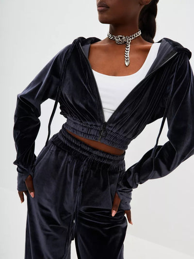 Damen Freizeit-Veloursset mit tailliertem Hoodie und geräumiger Hose Heidi-Mode