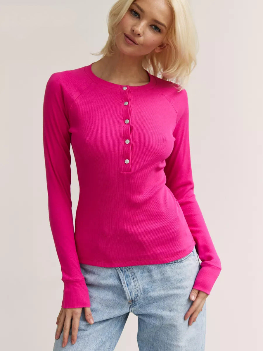 Damen Langarmshirt mit Knopfleiste und feiner Rippstruktur Heidi-Mode