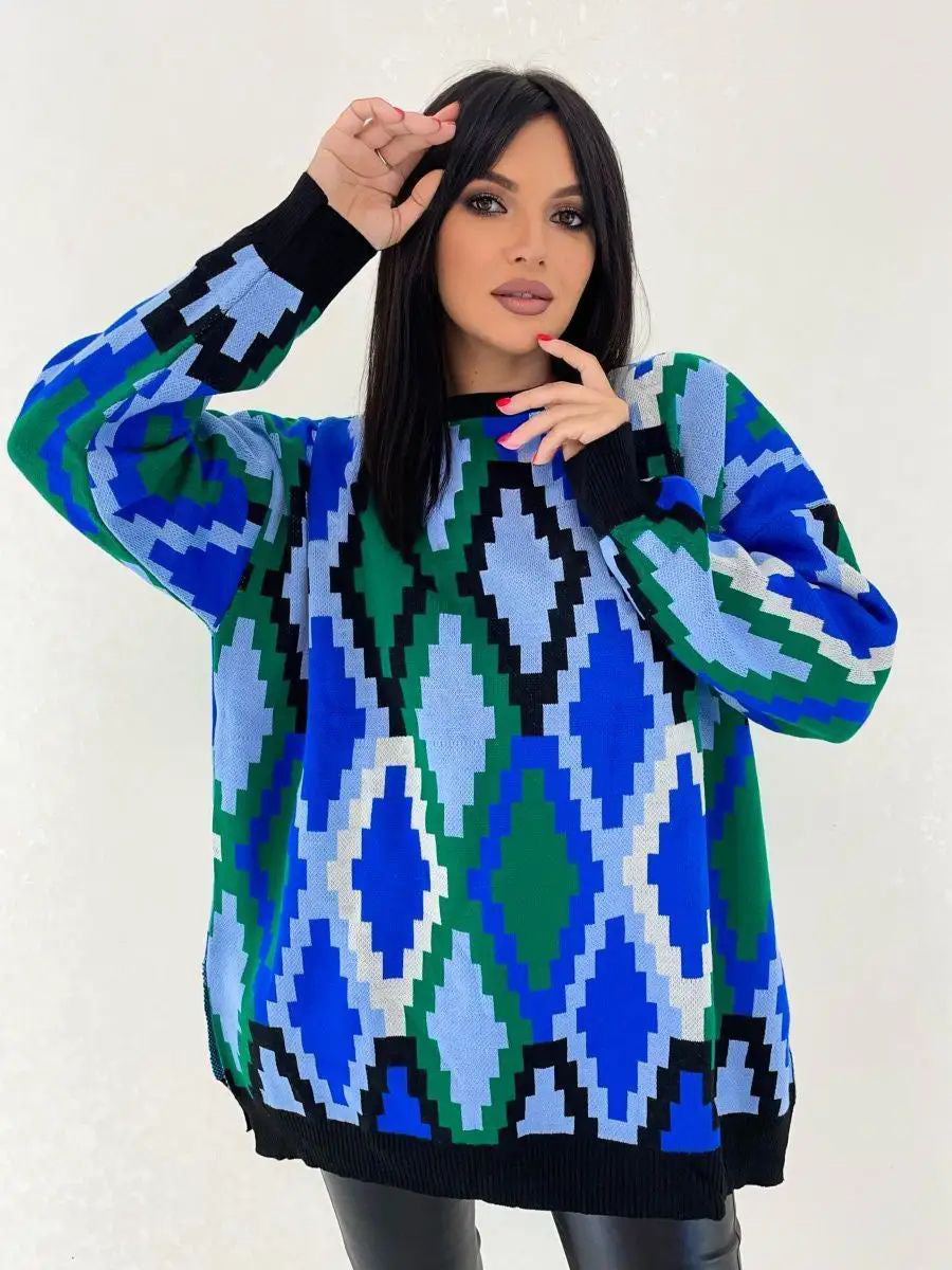 Damen Oversized Strickpullover mit grafischem Jacquard-Muster und lässigem Schnitt Heidi-Mode