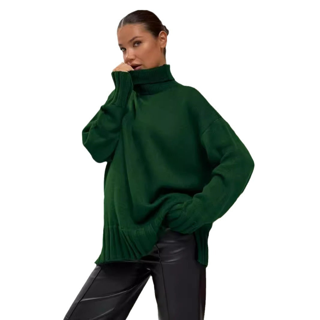 Damen Oversized Strickpullover mit hohem Kragen und seitlichen Schlitzen Heidi-Mode