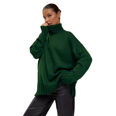 Damen Oversized Strickpullover mit hohem Kragen und seitlichen Schlitzen Heidi-Mode