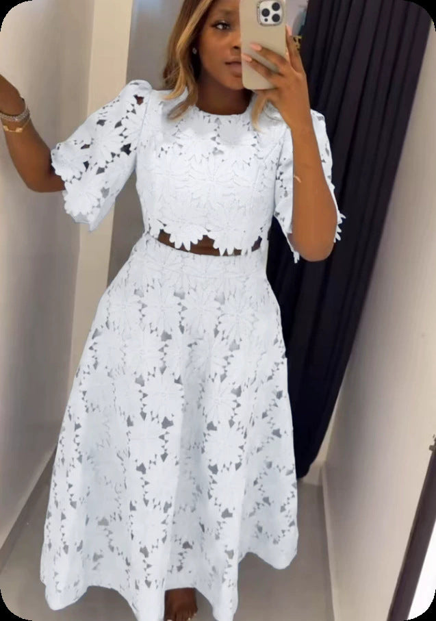 Damen Elegantes Spitzen-Outfit mit kurzem Oberteil und langem Rock Heidi-Mode