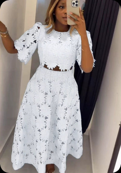 Damen Elegantes Spitzen-Outfit mit kurzem Oberteil und langem Rock Heidi-Mode