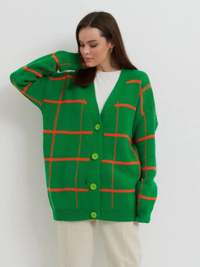 Damen lässiger Karoknitter-Cardigan mit Knöpfen und weitem Schnitt Heidi-Mode