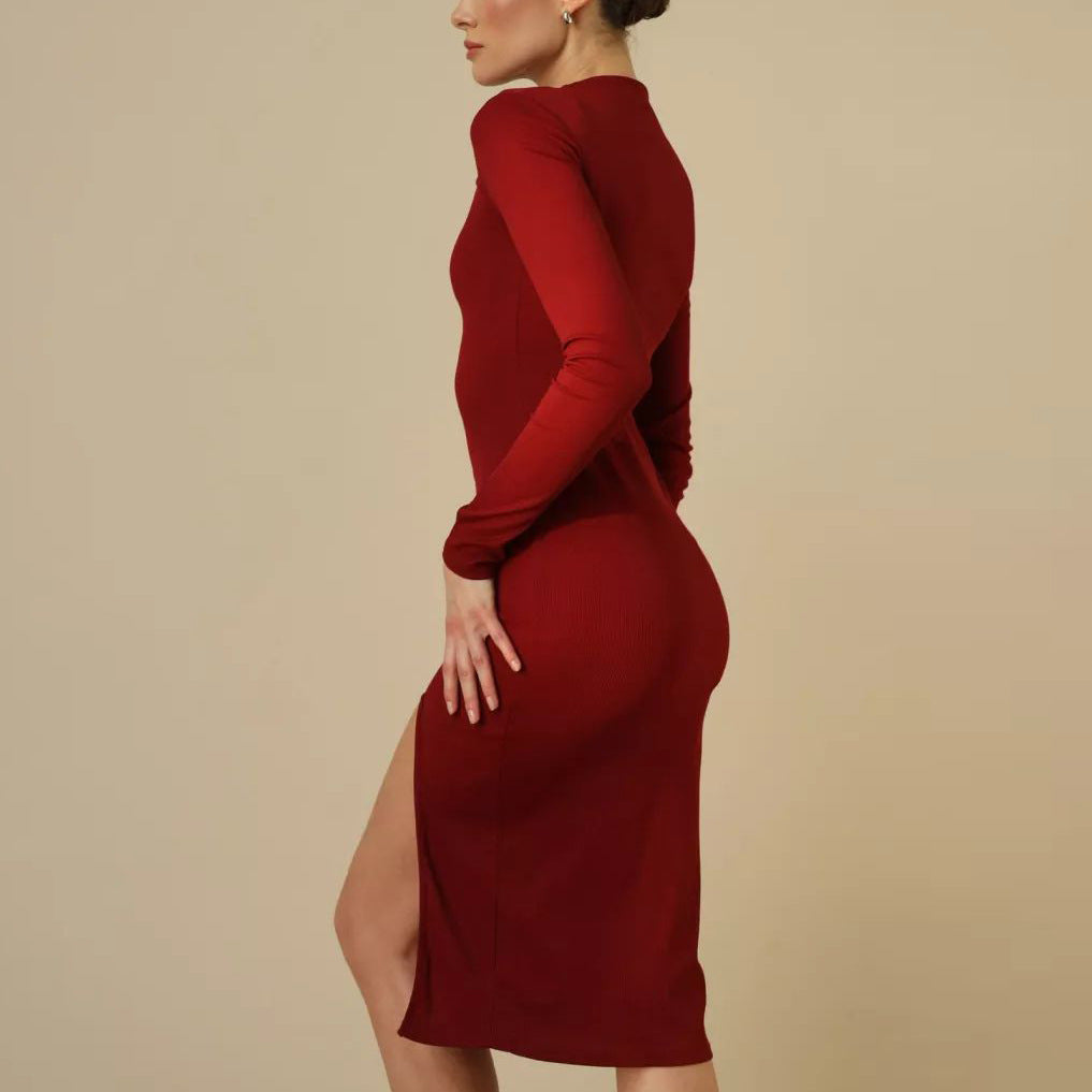 Damen figurbetontes Strickkleid mit raffiniertem Cut-Out und hohem Schlitz Heidi-Mode
