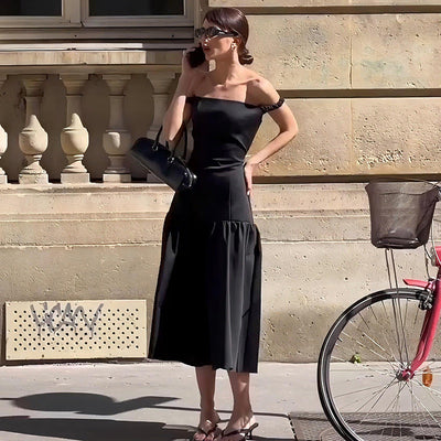 Damen Elegantes Off-Shoulder Kleid mit fließendem Rock und Rüschendetails Heidi-Mode