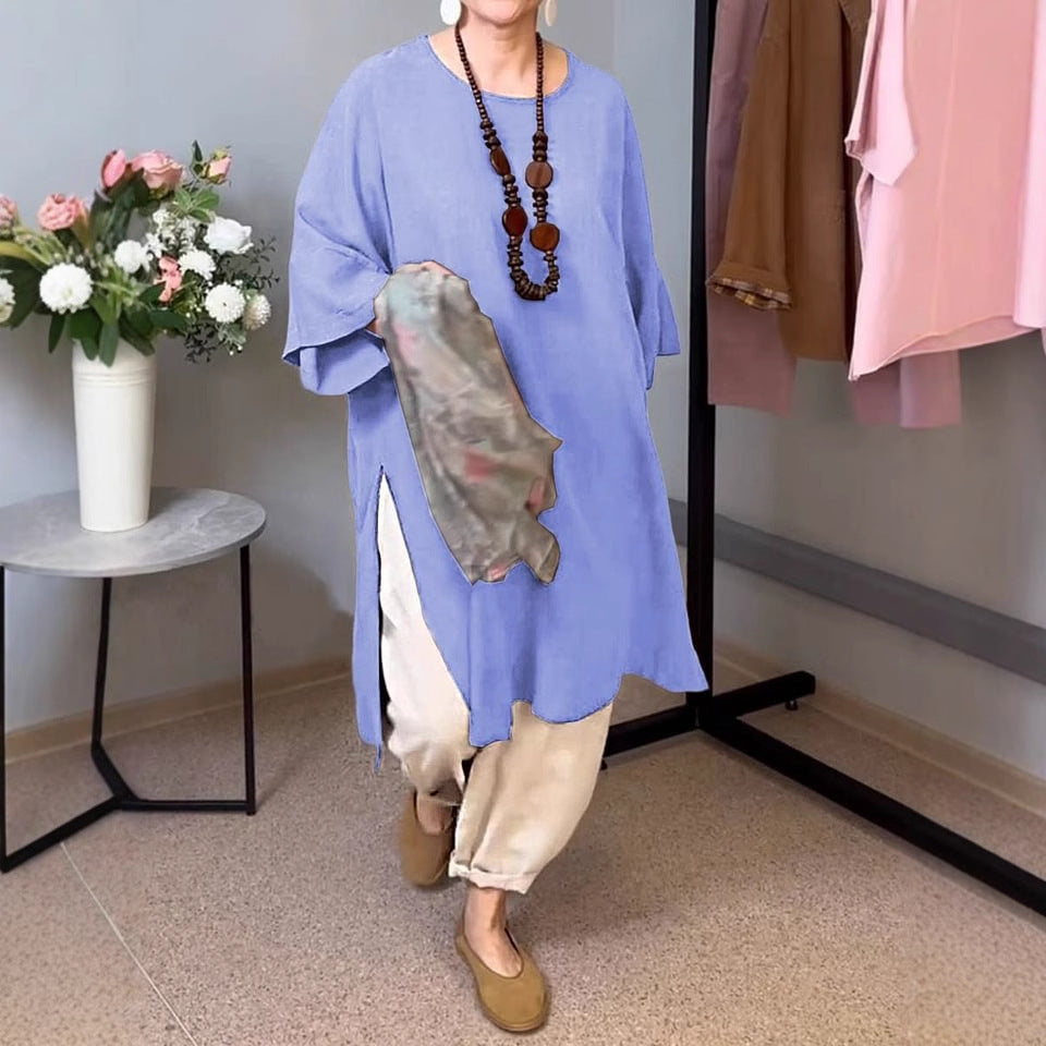Damen lässiges Langarm-Tunika mit seitlichem Schlitz und modischem Schnitt Heidi-Mode