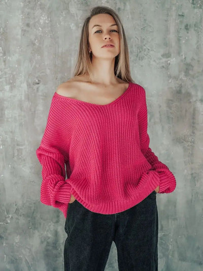 Damen Oversized Strickpullover mit asymmetrischem Ausschnitt und breiten Rippstrickdetails Heidi-Mode