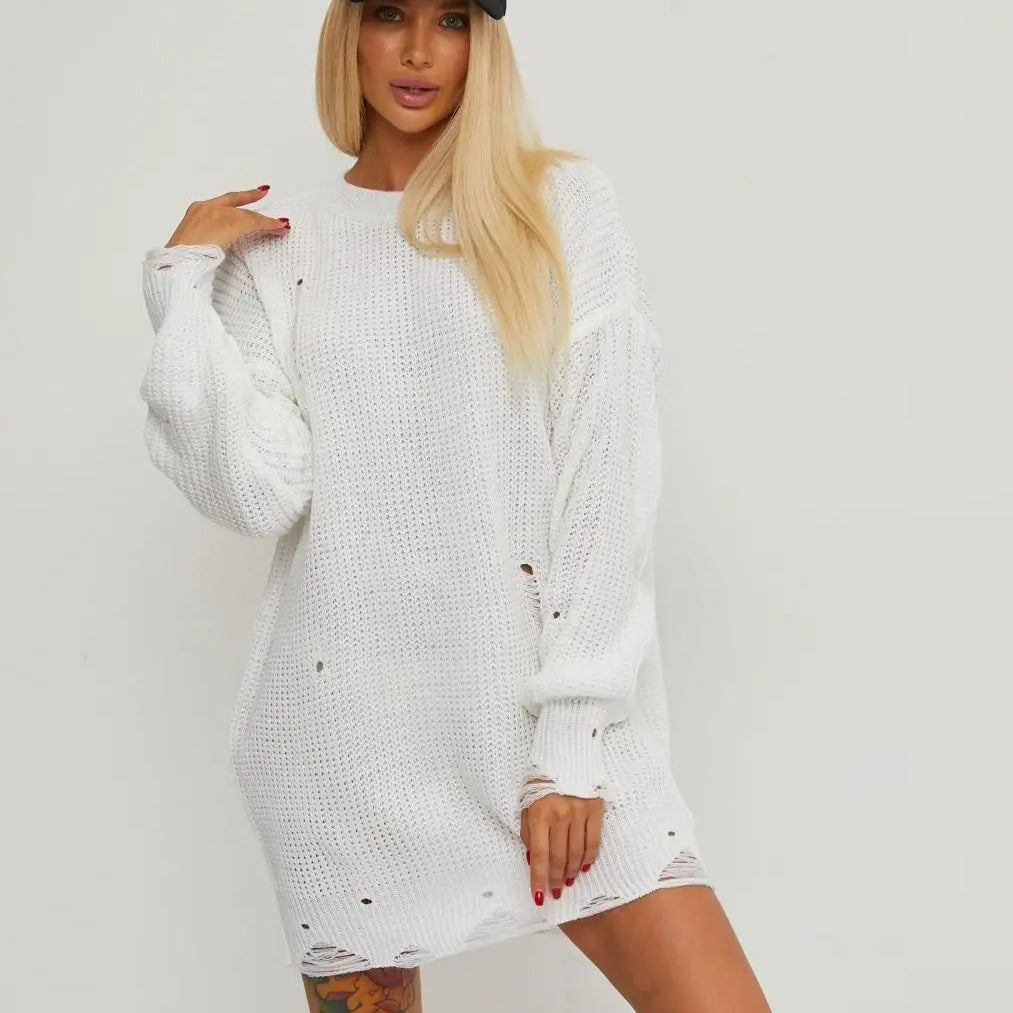 Damen lässiges Strickkleid mit weitem Schnitt und ausgefransten Säumen Heidi-Mode