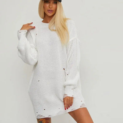 Damen lässiges Strickkleid mit weitem Schnitt und ausgefransten Säumen Heidi-Mode