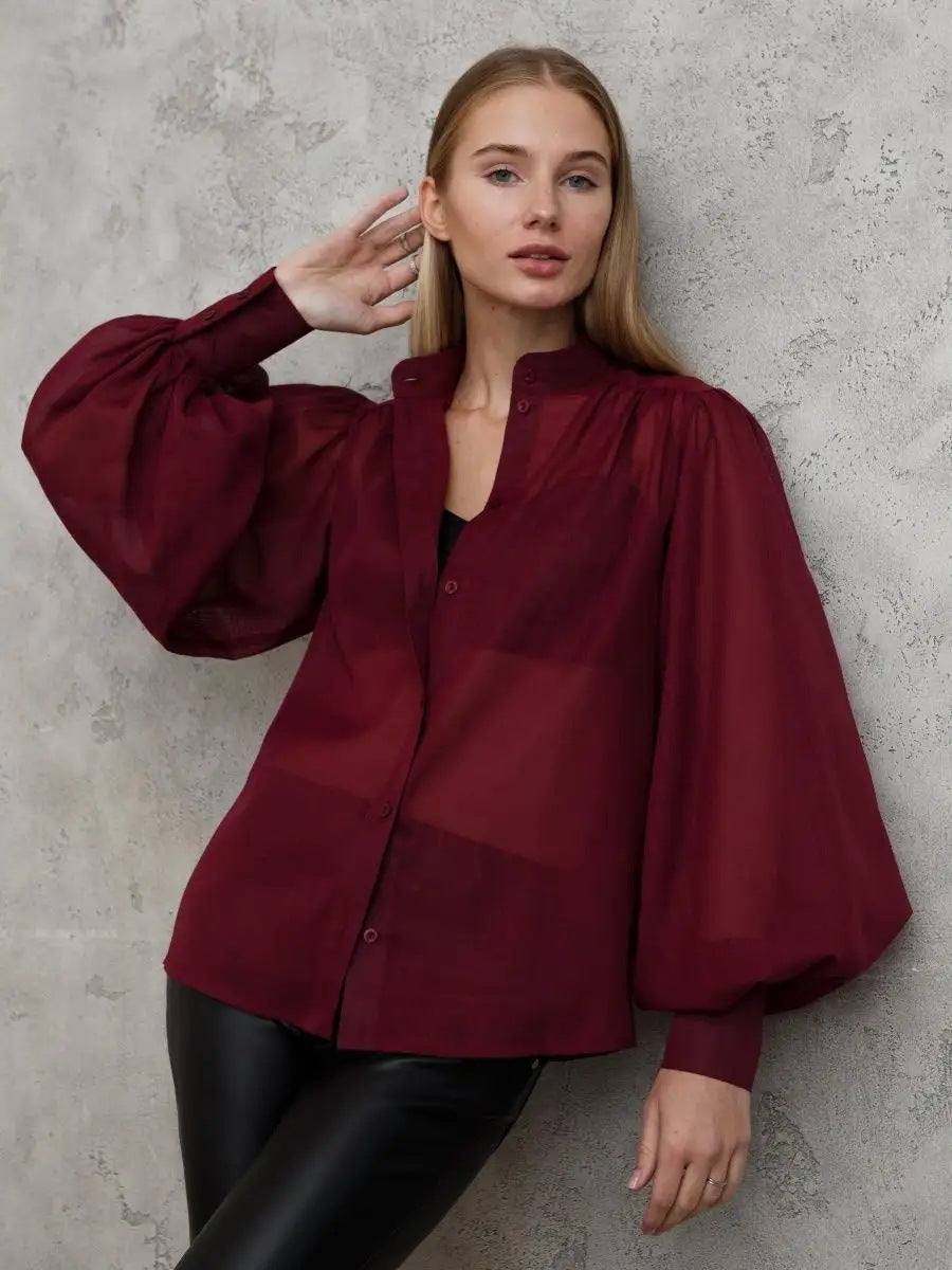 Damen Elegante Bluse mit voluminösen Puffärmeln und transparentem Stoff Heidi-Mode