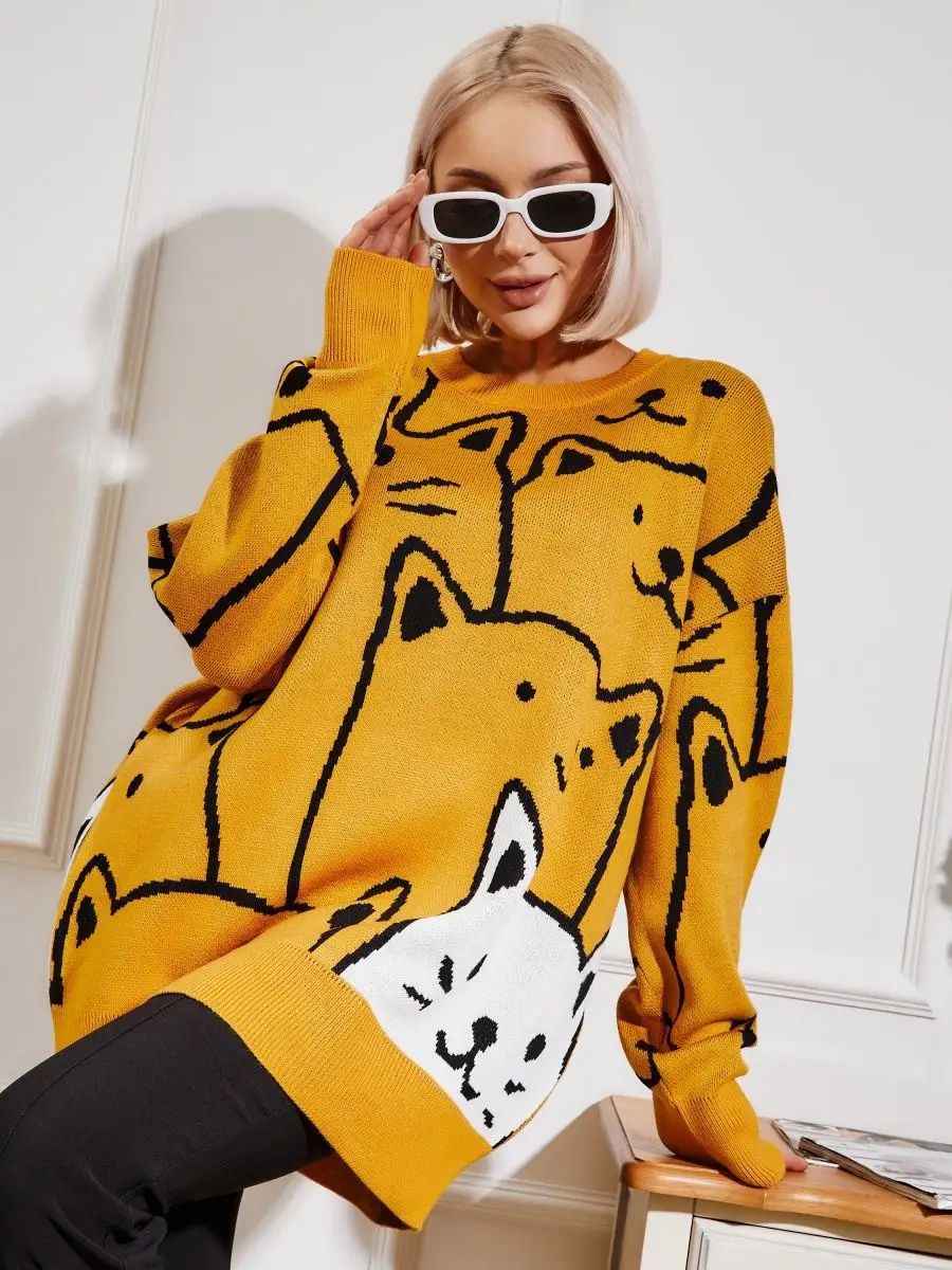 Damen stylischer Pullover mit Katzenmotiv und lässigem Schnitt Heidi-Mode