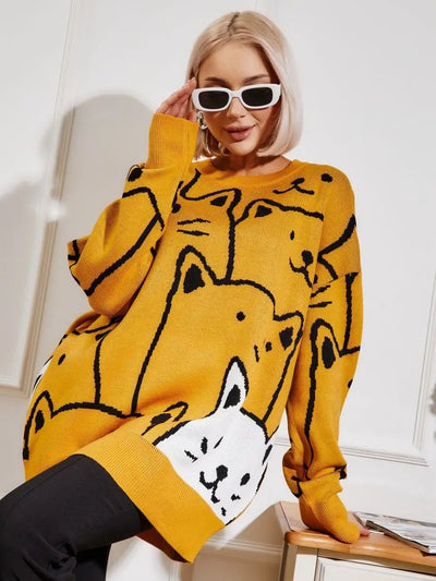 Damen stylischer Pullover mit Katzenmotiv und lässigem Schnitt Heidi-Mode