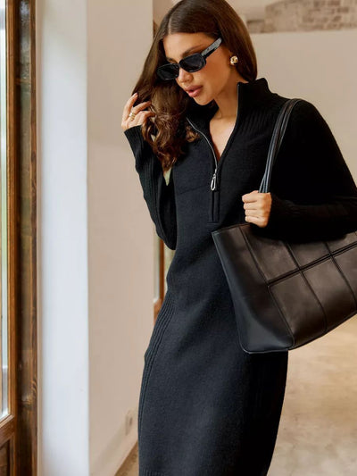 Damen Strickdress mit hochschließendem Kragen und Reißverschluss Heidi-Mode