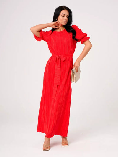 Damen Maxikleid mit eleganter Plissierung und Taillengürtel Heidi-Mode