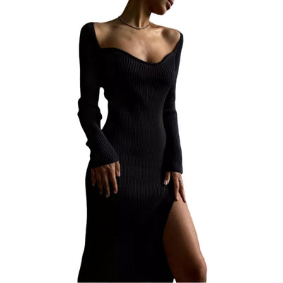 Damen figurbetontes Strickkleid mit herzförmigem Ausschnitt und hohem Schlitz Heidi-Mode