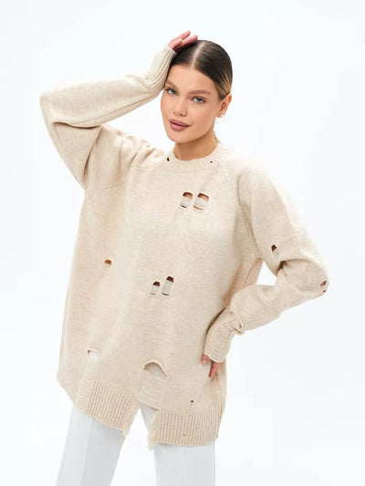 Damen Oversized Strickpullover mit Fransen und Loch-Design Heidi-Mode