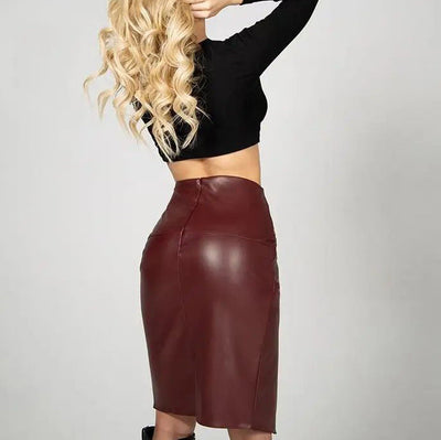 Damen Bleistiftrock aus hochwertigem Kunstleder mit asymmetrischem Detail und elegantem Schlitz Heidi-Mode