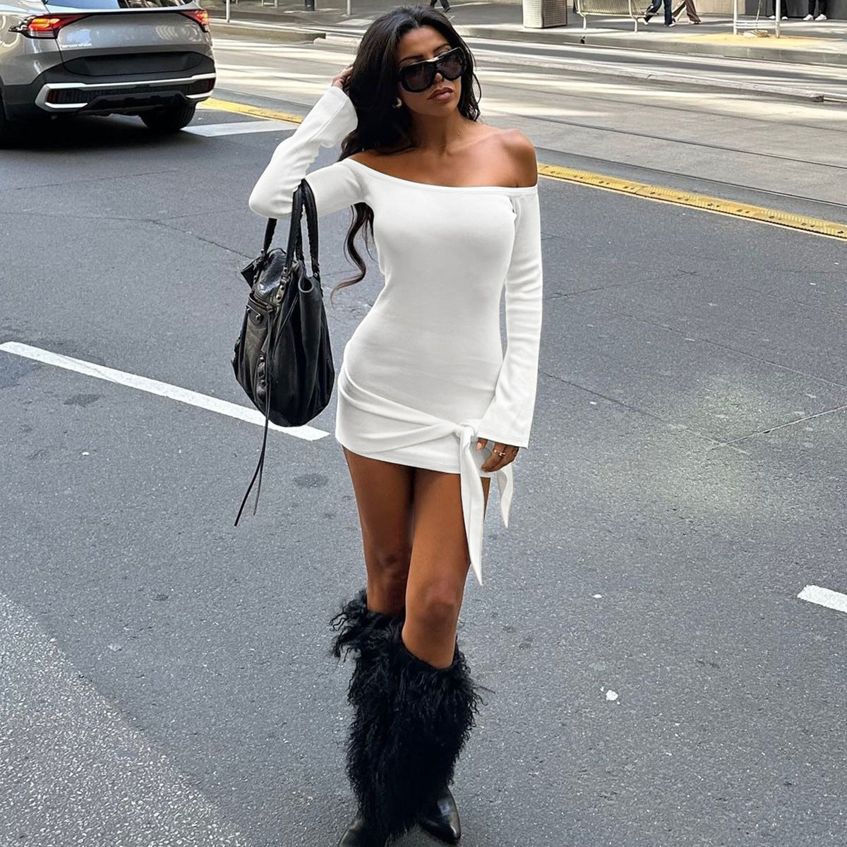 Damen Off-Shoulder Kleid mit schickem Schlitz und langen Ärmeln Heidi-Mode