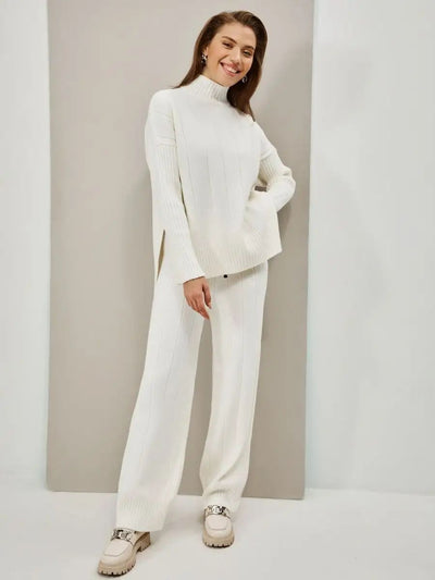 Damen lässiger Strickanzug mit hochgeschlossenem Kragen und elegantem Rippenmuster Heidi-Mode