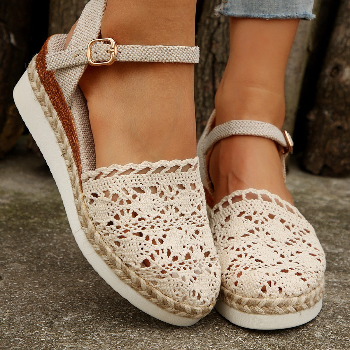 Damen elegante Espadrilles mit handgefertigtem Häkel-Design und verstellbarem Knöchelriemen Heidi-Mode