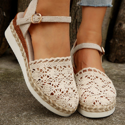 Damen elegante Espadrilles mit handgefertigtem Häkel-Design und verstellbarem Knöchelriemen Heidi-Mode