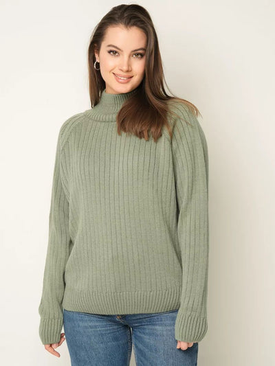Damen kuscheliger Strickpullover mit hohem Kragen und feiner Rippstruktur Heidi-Mode