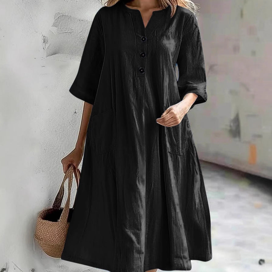 Damen Maxi-Kleid mit Knopfleiste und praktischen Eingrifftaschen Heidi-Mode