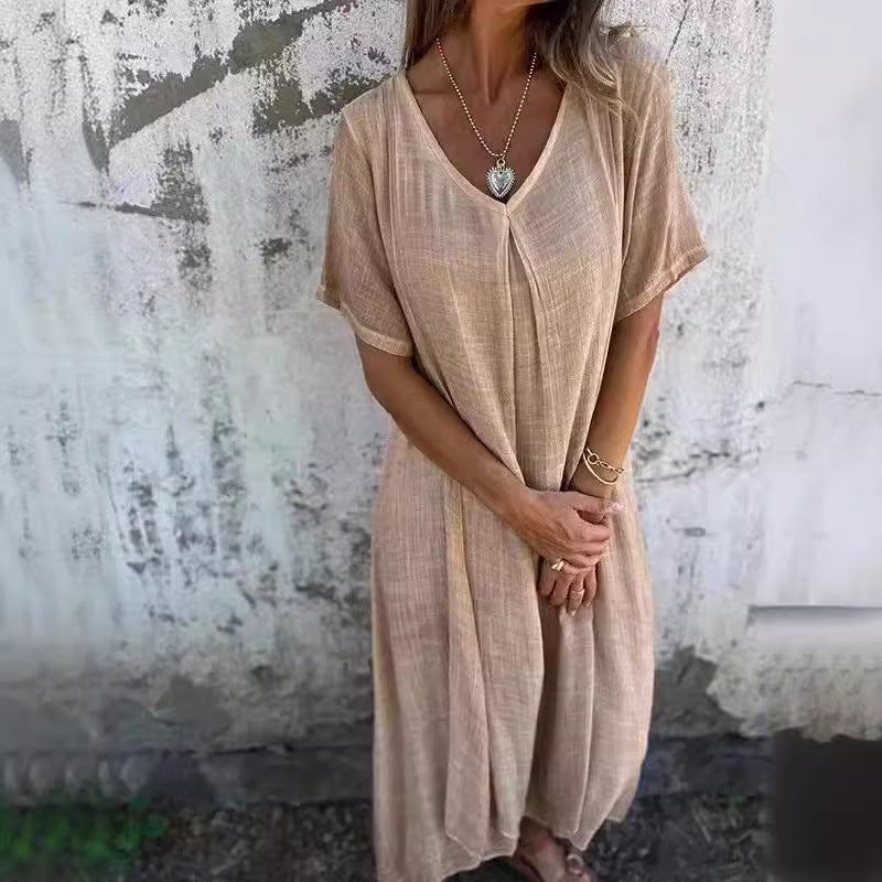 Damen luftiges V-Ausschnittkleid aus leichtem Stoff mit schwingendem Saum Heidi-Mode