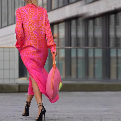 Damen Hemdblusenkleid aus leichtem Chiffon mit trendy Leopardenmuster Heidi-Mode