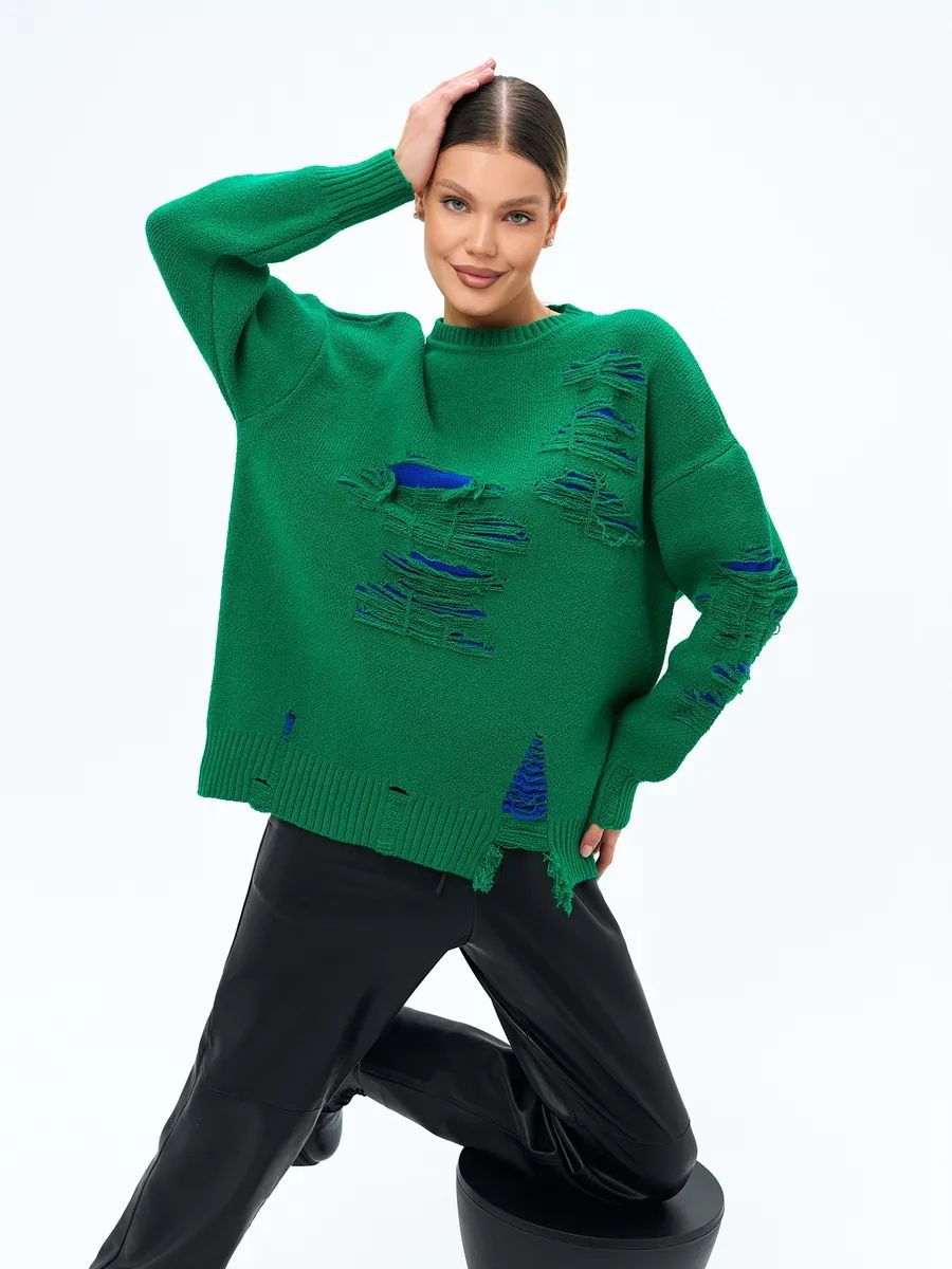 Damen Oversized Strickpullover mit modernem Distressed-Design und lässigen Fransen Heidi-Mode