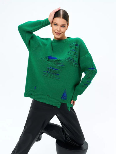 Damen Oversized Strickpullover mit modernem Distressed-Design und lässigen Fransen Heidi-Mode