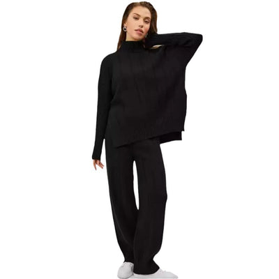 Damen lässiger Strickanzug mit hochgeschlossenem Kragen und elegantem Rippenmuster Heidi-Mode