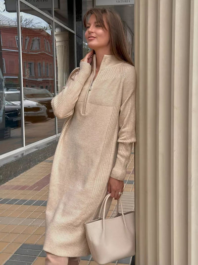 Damen Strickkleid mit kurzem Reißverschluss und lässigem Raglan-Schnitt Heidi-Mode