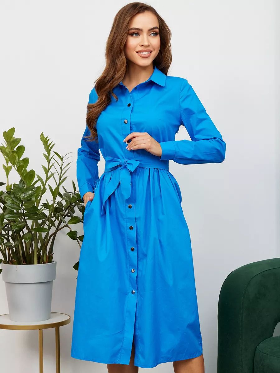 Damen Langarm Hemdkleid mit eleganter Taillenschnürung und Knopfleiste Heidi-Mode