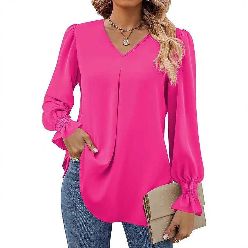 Damen Elegante Bluse mit V-Ausschnitt und Puffärmel Heidi-Mode