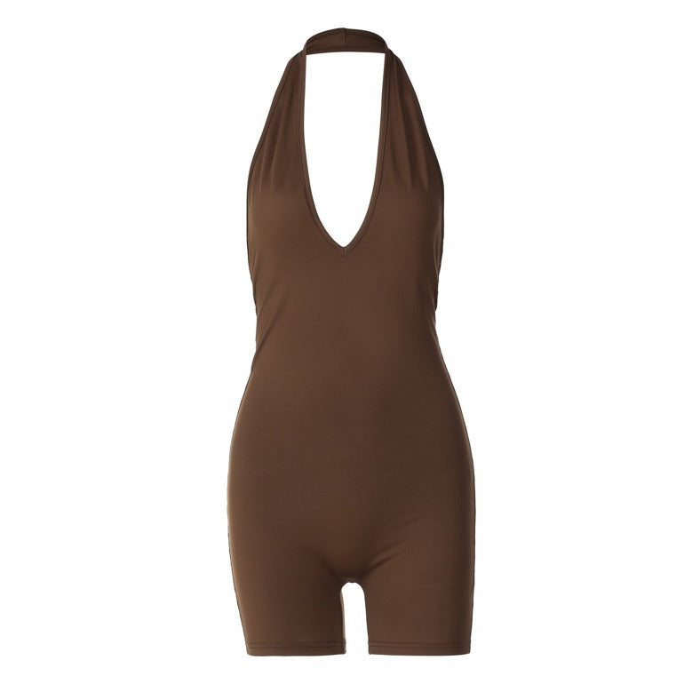 Damen figurbetonter Jumpsuit mit tiefem V-Ausschnitt und elastischem Taillengürtel Heidi-Mode
