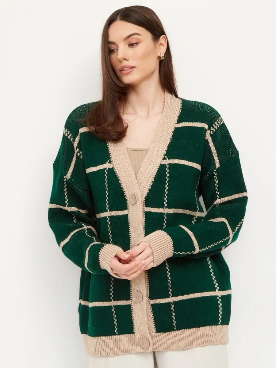 Damen lässiger Karoknitter-Cardigan mit Knöpfen und weitem Schnitt Heidi-Mode