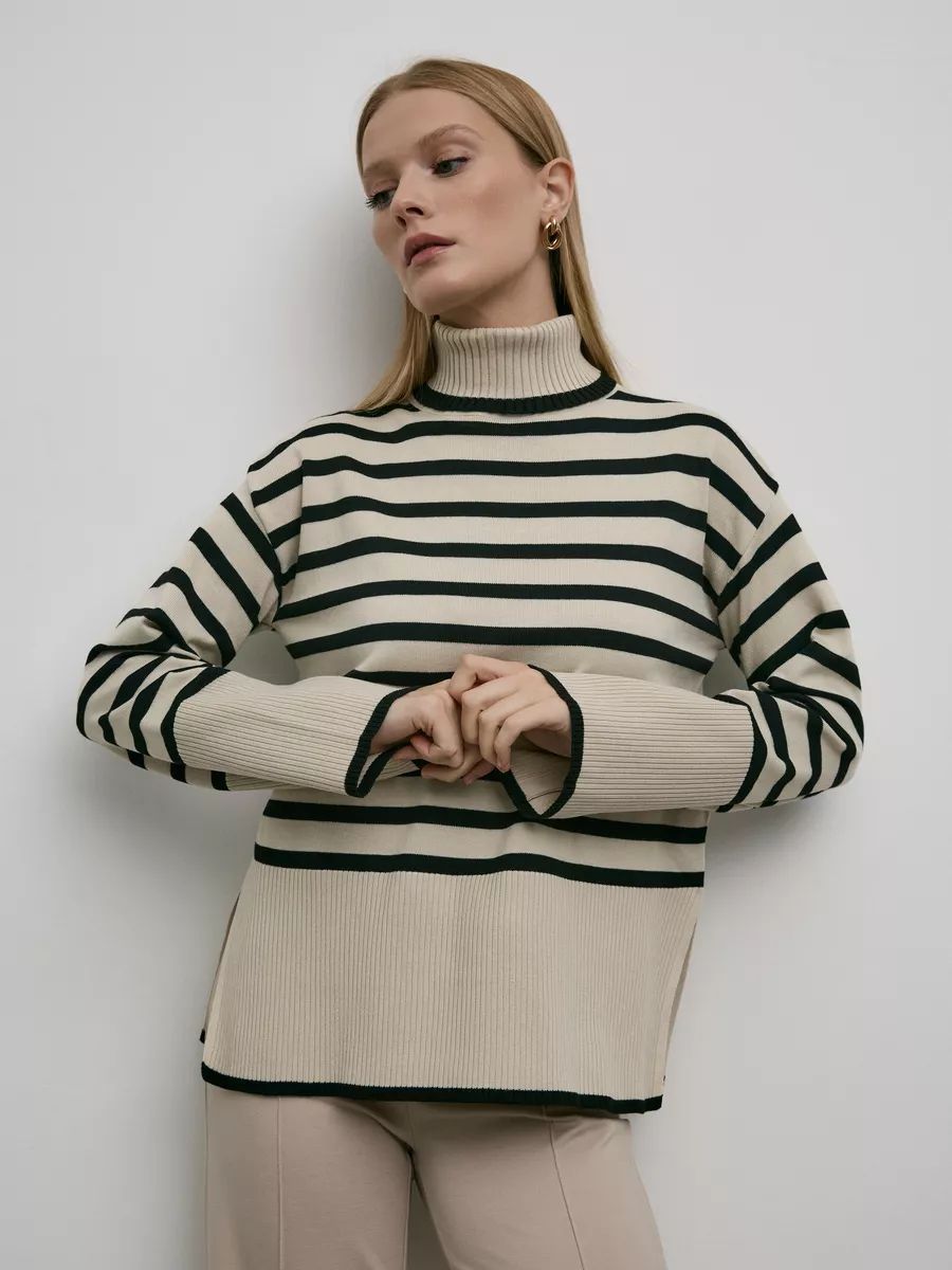 Damen gestreifter Pullover mit Rollkragen und strukturiertem Design Heidi-Mode