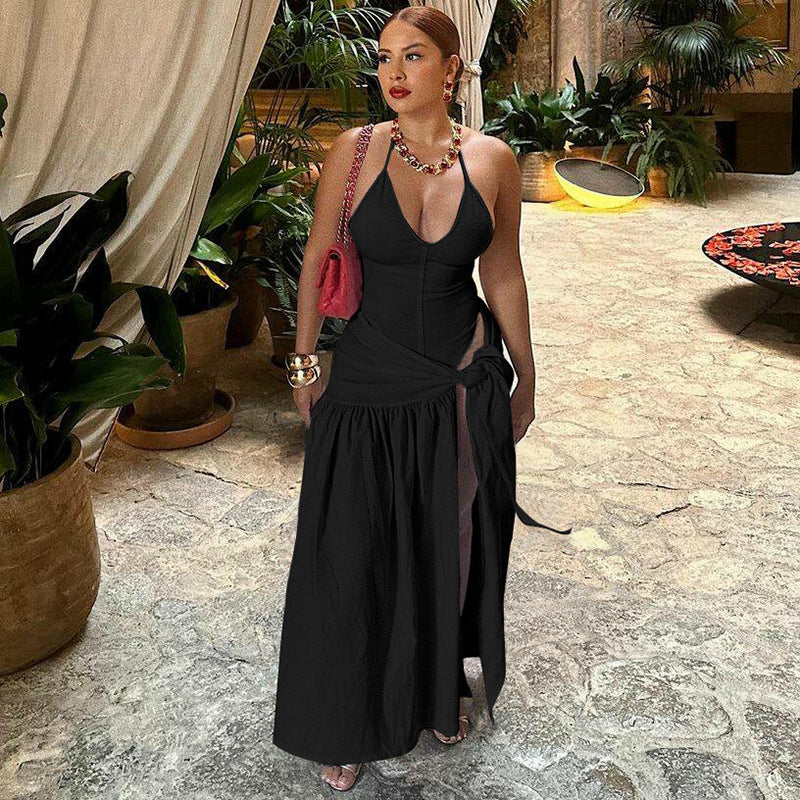 Damen Maxikleid mit tiefem V-Ausschnitt und seitlichem Schlitz Heidi-Mode