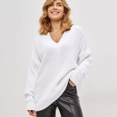 Damen lässiger Strickpullover mit V-Ausschnitt und übergroßen Ärmeln Heidi-Mode
