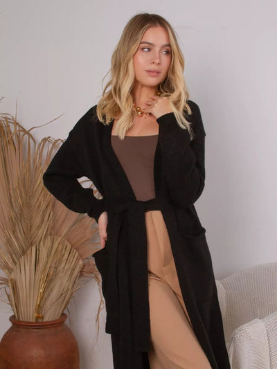 Damen eleganter Cardigan mit Taillengürtel und tiefen Taschen Heidi-Mode