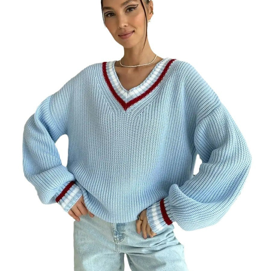 Damen Strickpullover mit V-Ausschnitt und gestreiften Details Heidi-Mode