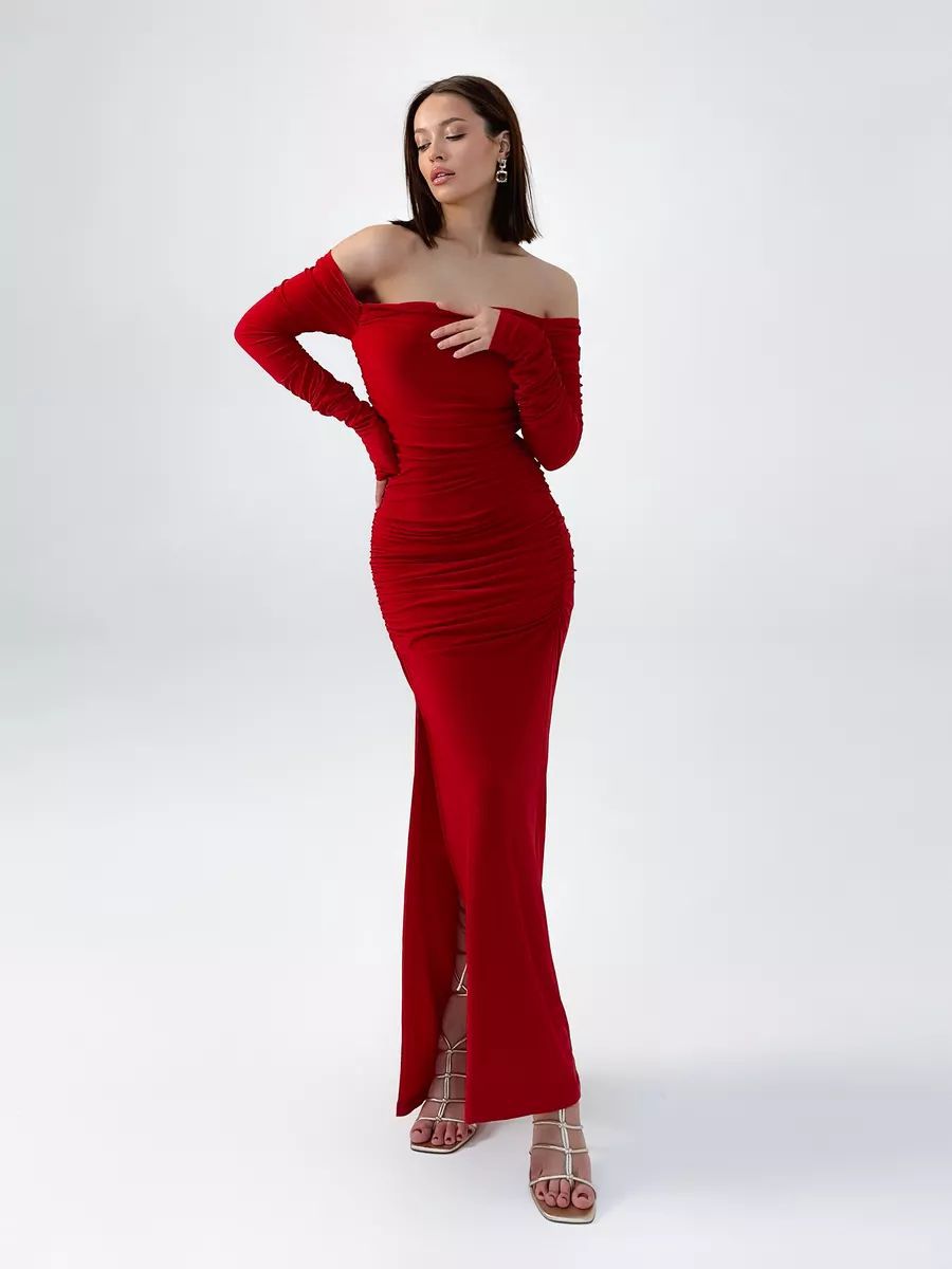 Damen elegantes Etuikleid mit schulterfreiem Design und raffinierten Rüschendetails Heidi-Mode