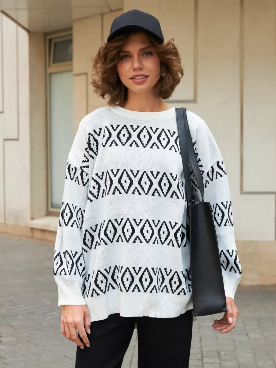 Damen lässiger Strickpullover mit geometrischem Muster Heidi-Mode