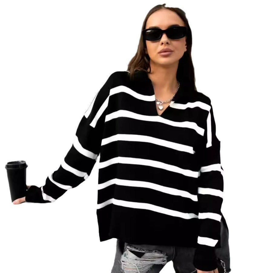 Damen lässiger Strickpullover mit klassischem Polokragen und modischem Streifenmuster Heidi-Mode